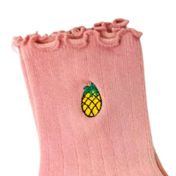 NWT Summer Picnic Pink Pineapple Embroidered Ruffle Socks - Picture 3 of 5